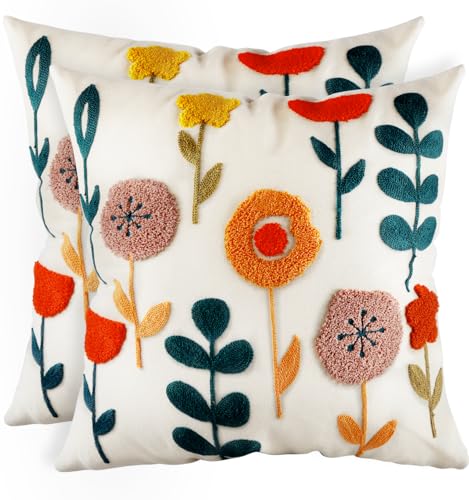 Embroidered Throw Pillow Covers 18x18 Inch - Set of 2 Summer Decorative Pillow Covers with Zipper Aesthetic Cute Design Throw Pillowcases for Couch Sofa Bed, Plants - color: Plants