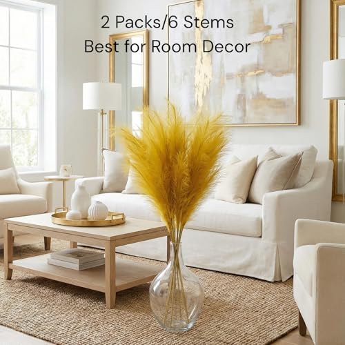 RyddeligHome Gold Pampas Grass Decor, 3 Stems x 115cm/45in | Faux Pampas Grass Tall Large Fluffy, Gold Feathers Floral Picks, Living Room Holiday Decor, Home Accent Decor