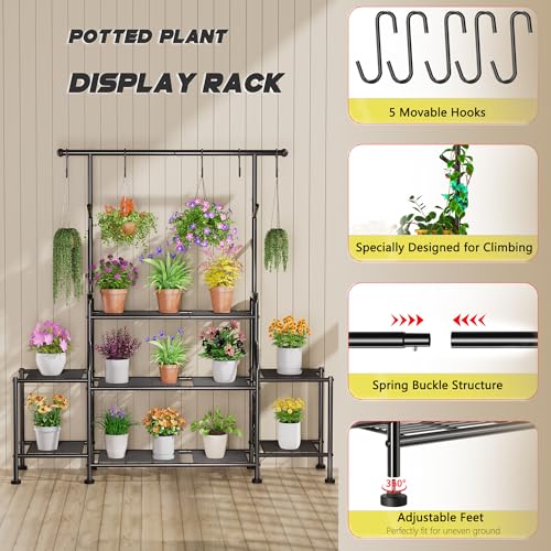 GIOTORENT 3-Tier Tall Metal Plant Stand Indoor Outdoor - Heavy Duty Plant Shelf for Garden, Patio, Balcony with 5 Hanging Hooks, Holds 16-25 Plants, Black - size: D-3Tier-Longer