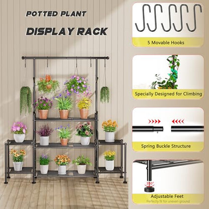 GIOTORENT 3-Tier Tall Metal Plant Stand Indoor Outdoor - Heavy Duty Plant Shelf for Garden, Patio, Balcony with 5 Hanging Hooks, Holds 16-25 Plants, Black - size: D-3Tier-Longer