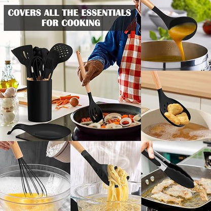 E-far Black Kitchen Utensils Set with Holder, 25-Piece Silicone Cooking Utensil Set with Wooden Handle for Nonstick Cookware, 446°F Heat Resistant Kitchen Tool Spatula Tongs Whisk, Non-toxic & Healthy - color: Black, size: 25