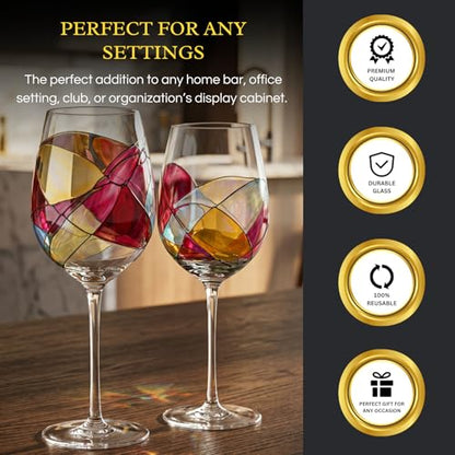 Artisanal Hand Painted Stemmed Wine Glasses - Everyday Celebrations, Gifts Idea for Wife, Mom, Valentine, Holiday Renaissance Romantic Stain-glassed Windows, 2 Set - Gift Idea Birthday, Housewarming - style: Stemmed Glasses Set