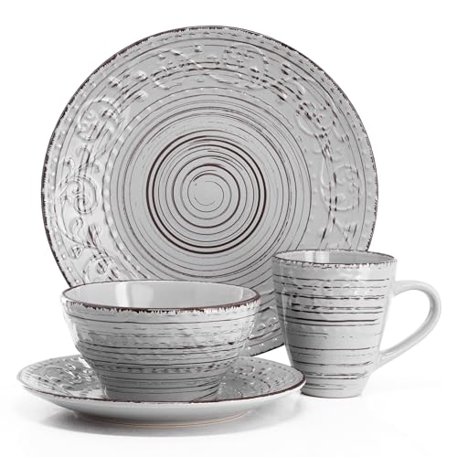 Elama Malibu Calcite 16-Piece Stoneware Embossed Pattern Reactive Glaze Light Gray Dinnerware Set, Tableware, Serveware Set (Calcite Gray) - color: Calcite Gray