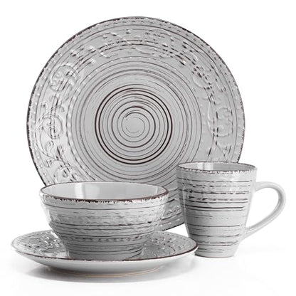 Elama Malibu Calcite 16-Piece Stoneware Embossed Pattern Reactive Glaze Light Gray Dinnerware Set, Tableware, Serveware Set (Calcite Gray) - color: Calcite Gray