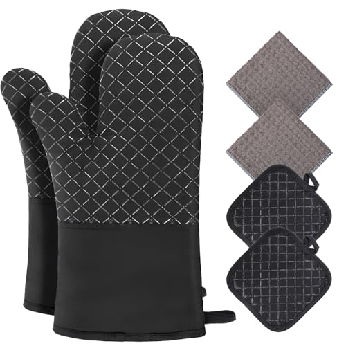 Philorn Oven Mitts and Pot Holders Kitchen Oven Glove | High Heat Resistant 260℃ Extra Long Oven Mitts and Potholder with Non-Slip Silicone Surface for Baking, Cooking, BBQ (Black) - color: Black