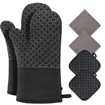 Philorn Oven Mitts and Pot Holders Kitchen Oven Glove | High Heat Resistant 260℃ Extra Long Oven Mitts and Potholder with Non-Slip Silicone Surface for Baking, Cooking, BBQ (Black) - color: Black