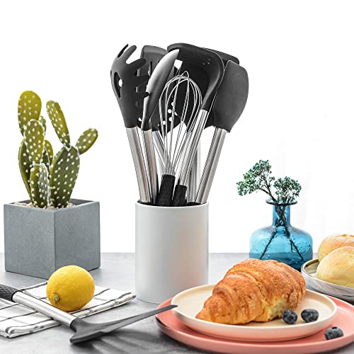 Silicone Cooking Utensil Set: 12 Pieces Kitchen Utensils Non-Stick & Heat Resistance Silicon And Stainless Steel Handles - Black