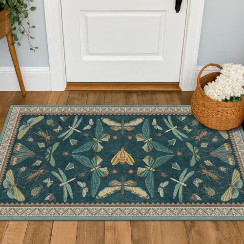 Emerald Green Entry Rugs for Inside House - 2x4 Kitchen Rugs Non Slip for Bathroom, Powder Room, Vintage Unique Colorful Décor, Washable Stain & Fade Resistant - color: Teal, size: 2' x 4' (Rectangular)