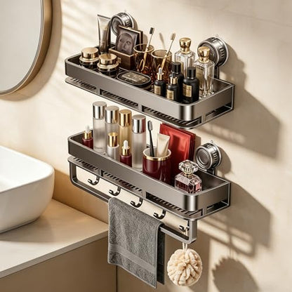 Suction Cup Shower Caddy,No Drilling, Rectangular, Grey,2-Pack | Shelf for Inside Shower, Heavy Duty Carbon Steel, Towel Bar & Hooks, Rust-Resistant, Bathroom Organizer Storage Rack - color: Grey,2-Pack