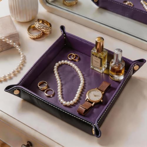 Valet Tray Desktop Storage Organizer – Vegan Leather Catchall Tray Bedside Vanity Tray Nightstand Caddy Holder for Remote Controller, Watch, Keys, Phone, Wallet, Coin, Jewelry, Purple - color: Purple