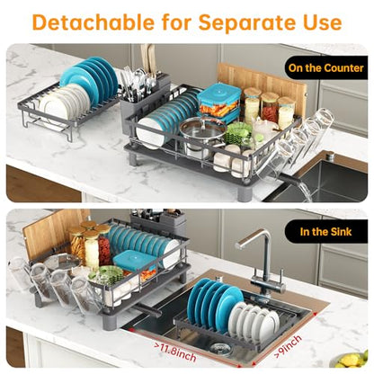 2 Tier Large Detachable Dish Drying Rack for Kitchen Counter, Gray | Compact Dish Drainer Organizer, Rust-Resistant, Space-Saving Dish Rack with Drainboard, Utensil Holder, Kitchen Organizer - color: 2 Tier-gray