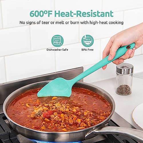 U-Taste 600℉ Heat Resistant Food Grade Non Stick Firm Cooking Tongs Set of 3, and 600ºF Heat Resistant 11.38in Flexible Non-Stick Spatula & Spoon Spatula Set of 2 (Aqua Sky)