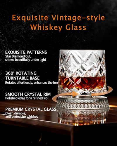 CEEFU 360° Spinning Whiskey Glasses Set with Gift Box, Set of 2 | Old Fashioned with Rotating Base - 2 Big Ice Ball Molds - Bourbon, Cocktail, Rocks, Bday Gifts Ideas for Men, Ice Crackle - size: 9.5 oz-Ice Crackle Pattern