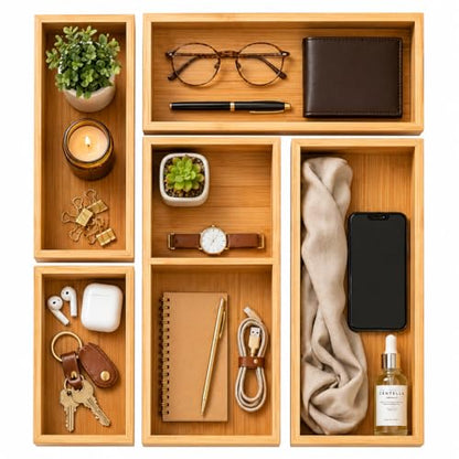 ABABIL Bamboo Drawer Organizer Set of 5, Wooden Storage Tray Inserts for Kitchen, Bathroom, Office, Makeup, Jewelry, Utensils, Desk Accessories and Vanity Drawers, Brown