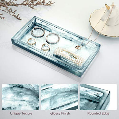 Emibele Bathroom Vanity Tray Countertop, 8" Rectangular Marble Resin Tray | Dresser Kitchen Sink Tray, for Jewelry Cosmetic Perfume Soap Candle, Compact Lightweight Waterproof, Mini Size, Ink Blue - color: Ink Blue, size: 7.7" x 3.9" x 0.8"