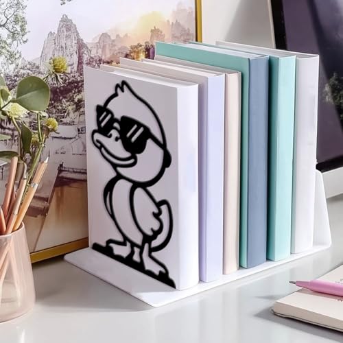 5.3"x4.3"x7.9" Metal Bookends, Heavy Duty Book Ends for Shelves | Cute Duck with Sunglasses Theme Cast Iron Book Supports, 1 Pair Decor Stoppers for Desk, Library, Office & Home Shelves - style: Cute Duck with Sunglasses