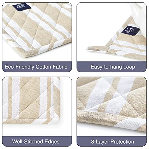 Encasa XO Pot Holders, Quilted Kitchen Hot Pads 8"x8" Franca Beige Stripes | 100% Eco-Friendly Cotton | Thick Cotton Padding Insulation | Convenient Hanging Loop | Set of 2 - color: Franca Beige Stripes
