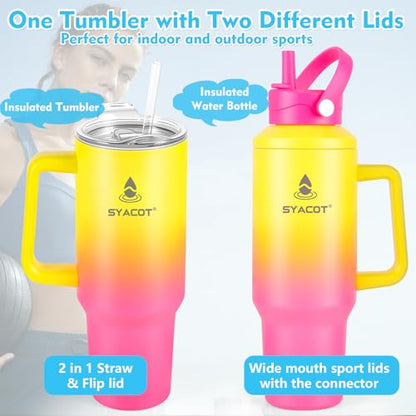 40 oz Tumbler with Handle and Straw or Convert to 40 oz Insulated Water Bottle Fits in Cup Holder. Stainless Steel Metal Water Flask with 2 Lids for Travel,Camping,Gym Sports Coffee Mug Thermal Cup - color: Rainbow