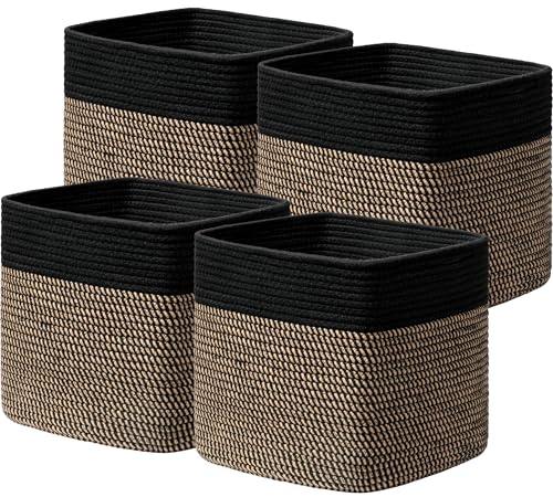 joybest 13inch Cube Storage Bins, Cotton Rope Woven Organizer Basket | Set of 4 Cube Bin Square Shelves Organizer Closet Storage, Nursery, Toy Organization, Black&Dark Brown - color: Black&Dark Brown, size: 13×13×13 Inches
