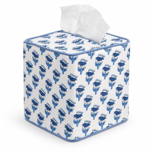 Blue Fabric Tissue Box Cover - Floral Print Tissue Box & Decorative Square Napkin Holder Handmade Cotton for Home Bedroom Vanity Countertop Night Stands Office (Dark Blue) - style: Dark Blue