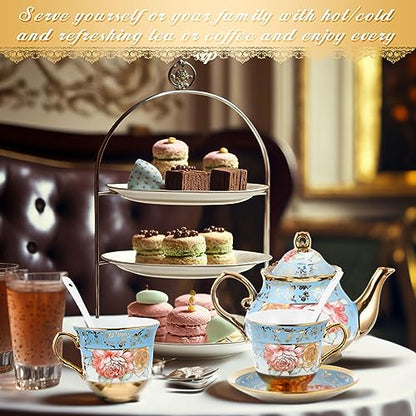 Zhehao 20 Pcs Porcelain Tea Set with Metal Holder and Spoon Adult Ceramic Tea Set European Flower Painting Teapot Cup Saucer Spoon for Women Mom Gift, Large Version (Simplicity Style) - color: Simplicity Style