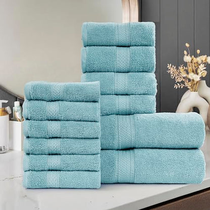 HILLFAIR 12-Piece Cotton Bath Towel Set - 600 GSM - Hotel Spa Towels - 2 Bath, 4 Hand, 6 Washcloths - Absorbent Soft Cotton - Ocean Blue - color: Ocean Blue, size: 12 Piece Towel Set