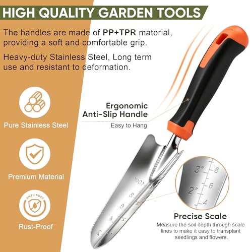 Joyfair Gardening Tools, 8 Pcs Stainless Steel Heavy Duty Garden Tool Set | 1.35MM Thickness, Rust-Proof & Easy Clean, Less Prone to Breakage, Ergonomic Contoured Grip, Suitable for Garden Weeding Work