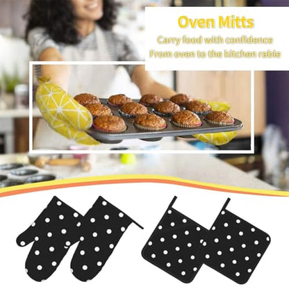 Black and White Polka Dot Oven Mitts and Pot Holders Set of 4 Non-Slip Oven Gloves Hot Pads for Kitchen Baking Cooking Grilling