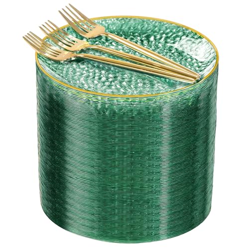 Rubtlamp 200Pcs Green Plastic Dessert Plates,6inch Small Appetizer Plates with Gold Rim, Fancy Hammered Cake Plate with 100PCS Gold Disposable Forks, Hard Salad Plate for Teatime Party - color: Green with gold