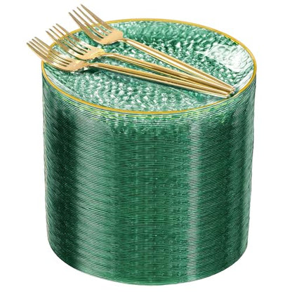 Rubtlamp 200Pcs Green Plastic Dessert Plates,6inch Small Appetizer Plates with Gold Rim, Fancy Hammered Cake Plate with 100PCS Gold Disposable Forks, Hard Salad Plate for Teatime Party - color: Green with gold