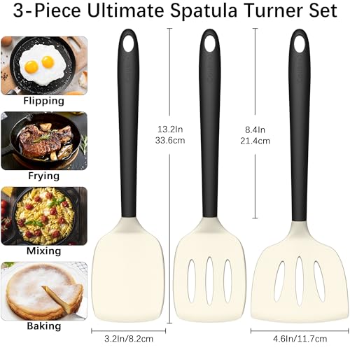 Coukre 3 Pack Silicone Spatula Set, Heat Resistant to 500°F, BPA-Free | Fish Spatula, Solid & Slotted Turners, Dishwasher Safe, Spatula Set for Eggs, Pancakes, Fish & Burgers, BeigeBlack - color: BeigeBlack