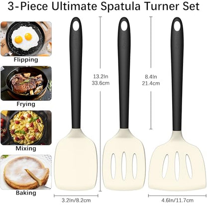 Coukre 3 Pack Silicone Spatula Set, Heat Resistant to 500°F, BPA-Free | Fish Spatula, Solid & Slotted Turners, Dishwasher Safe, Spatula Set for Eggs, Pancakes, Fish & Burgers, BeigeBlack - color: BeigeBlack