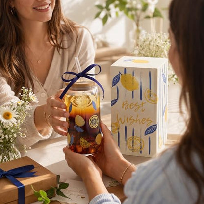 Lemon Glass Cups with Lid and Straw, Cute Lemon Gift for Women | Iced Coffee Tumbler Mug for Birthday Bridal Shower Wedding Summer Party Gift for Women Mom Friends Teen Girls Stuff 16oz - style: Lemon