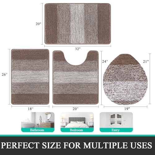 Bsmathom Bathroom Rug Set 4 Piece, Plush Microfiber Bath Mat, Coffee | Super Water Absorbent, Non Slip Machine Washable Bath Rug Sets with Toilet Lid Cover and U-shaped Contour Toilet Mat - color: Coffee, size: 18"x26"+20"x31"+U20"x24"+Cover19"x21"