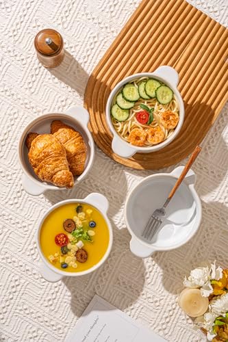 FOBENTA Soup Bowls with Handles, 20oz Embossed Ceramic Bowl Set of 4 – Oven & Microwave Safe, Ideal for Stew, Chili, Cereal – Textured Deep Bowls for Everyday Comfort - size: 20 OZ-Dual Handles