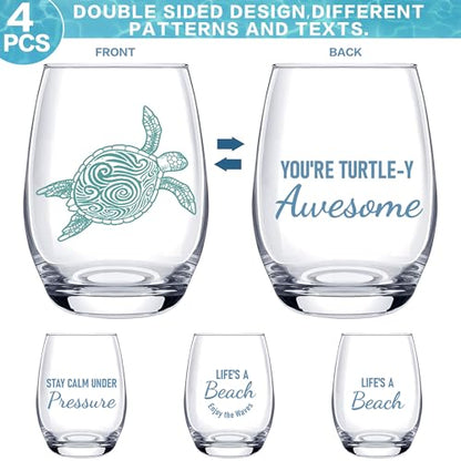 4 PCS Ocean Stemless Wine Glasses-17 Oz Coastal Glassware Gifts for Beach Lovers-Sea Turtle,Seashell,Starfish,Conch Wine Cups Set for Women Men,Dishwasher Safe,Birthday,Fathers Day,Easter