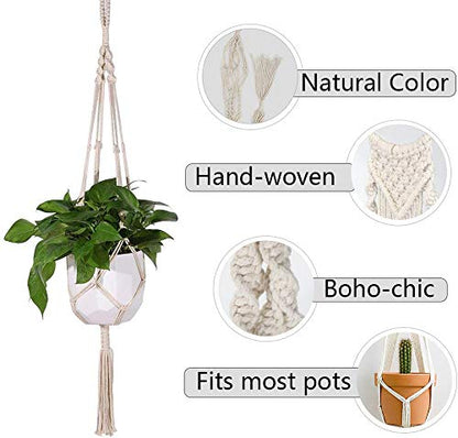 Macrame Plant Hangers Handmade Cotton Rope Flower Pot Holder Boho Theme Indoor Outdoor - Pack of 5 with Ceiling Hooks