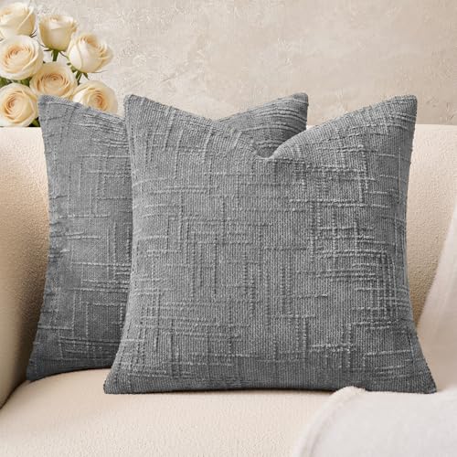 Throw Pillow Covers Grey Set of 2 18x18 Inch Pillow Covers, Soft Chenille Neutral Decorative Covers for Couch Sofa Bed Living Room, Home Modern Farmhouse Boho Decor - color: Grey, size: 18" x 18" (Pack of 2)