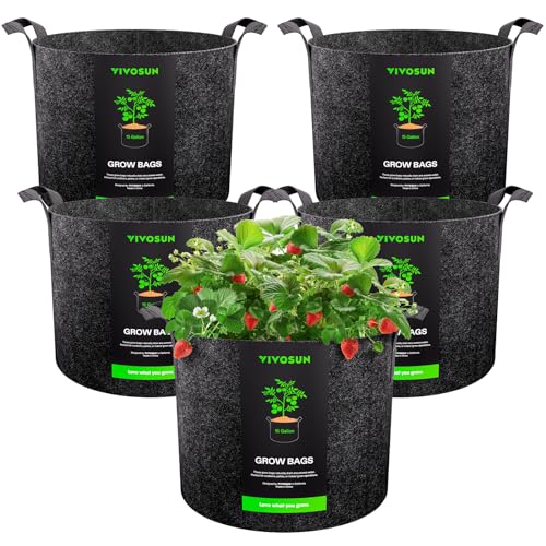 VIVOSUN 5-Pack 15 Gallon Plant Grow Bags Fabric Pots with Handles | 300G Thickened Nonwoven Fabric, Excellent Drainage, Healthy Root Growth, BPA-Free, Reusable - color: Black, size: 15 Gallons