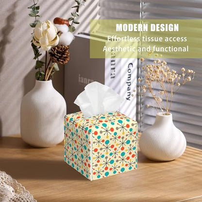 Mid Century Modern Atomic Tissue Box Cover Square, Retro Tissue Box Holder with Bottom Belt Leather Facial Paper Organizer Dispenser for Bathroom Bedroom Dresser Night Stand Tabletop - color: Mid Century Modern Atomic