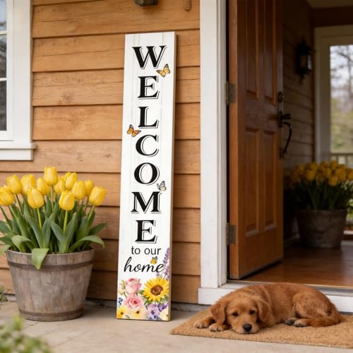 Welcome Sign for Front Door, Large 47 inch Wood Framed Welcome to Our Home Sign with Spring Flower Print & Hanging Rope, Vertical Farmhouse Wooden Board Standing for Outdoor Yard Patio - color: White-Spring