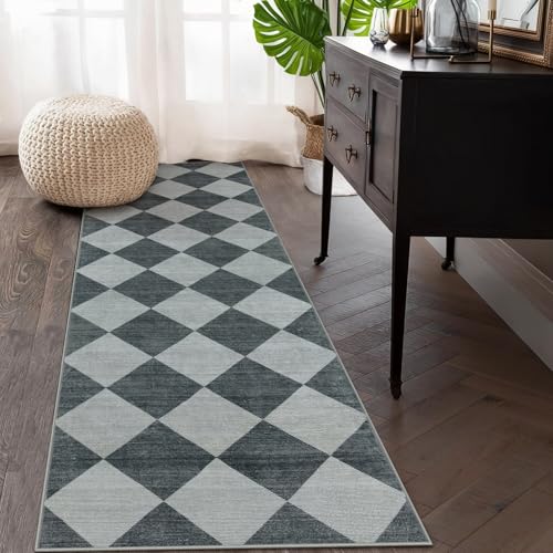 Beeiva Checkered Print Hallway Rug 2x6, Ultra Thin Kitchen Rug Runner Non Slip Washable Carpet Runners for Hallway 6ft, Modern Diamond Stain Resistant Floor Carpet for Bathroom Bedroom Entryway - color: Blue/Grey, size: 2' x 6' (Rectangular)