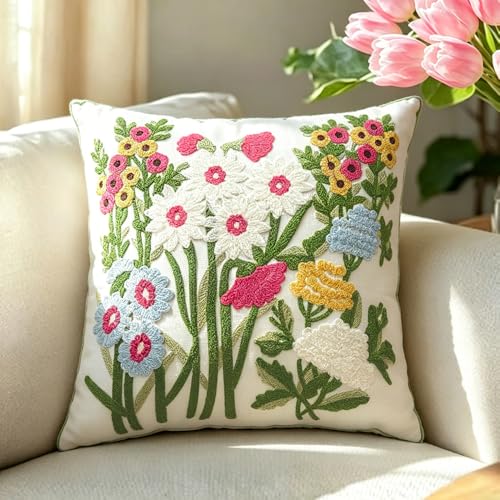 Floral Embroidered Throw Pillow Covers Colorful 18x18 Inch | Boho Pillowcase Decorative For Sofa Couch Living Room Bedroom - color: Floral-hot Pink
