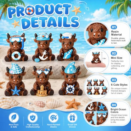 Yaomiao 60 Pcs Mini Resin Coastal Highland Cow Figurines Summer Ocean Highland Cow Statues Beach Coastal Farmhouse Decor Sea Cows Figure Table Decor for Holiday Festive Home Kitchen Tiered Tray - style: Summer Nautical