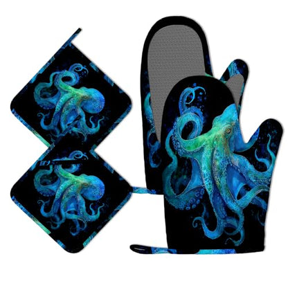 Octopus Ocean Nautical Oven Mitts and Pot Holders Sets of 4, Heat Resistant Silicone Oven Mitts Gloves Non-Slip Kitchen Mittens Potholders for Cooking Baking Grilling BBQ - color: Octopus Ocean Nautical