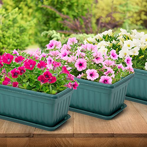Fasmov 7 Pack 17 Inches Flower Window Box Plastic Vegetable Planters with Trays Vegetables Growing Container Garden Flower Plant Pot with 7 Pcs Plant Labels for Balcony, Patio, Garden, Green - color: 7pack, Green