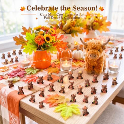 Yaomiao 60 Pcs Mini Resin Highland Cow Fall Maple Leaf Gnomes Statues Pumpkin Gnome Figures Table Decor for Fall Autumn Holiday Festive Home Kitchen Tiered Tray - style: Fall Highland Cow