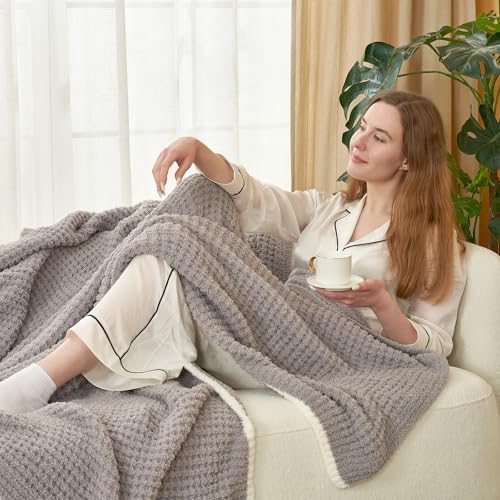 Snuggle Sac Soft Waffle Blanket, Grey Bedding Blankets Queen Size 90x90 inches, Reversible Microfiber Fluffy Fuzzy Grey Blanket Cozy Knit Blanket for Women Mothers Birthday Gifts - color: Waffle Medium Grey, size: Queen(90"x90")