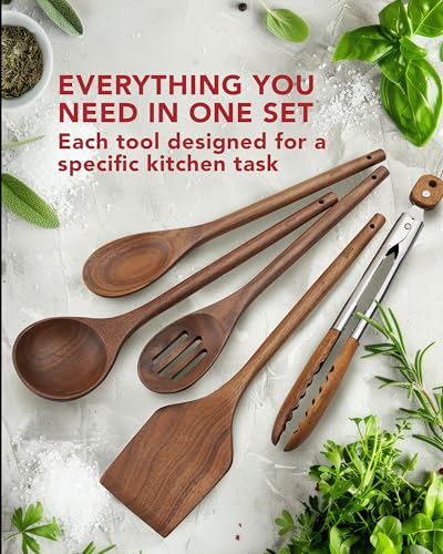 Elegant 5-Piece Walnut Wood Kitchen Utensil Set – Non-Scratch, Heat-Resistant Cooking Utensil Set with Kitchen Tongs, Spoons, Spatula & Ladle – Lightweight, Durable & Perfect for Daily Use or Gifting - color: The Monarch Walnut Set