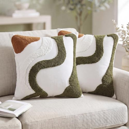 2 Pcs Olive Green Throw Pillow Covers 18x18 Inch Embroidered Green Accent Pillow Cover Decorative Abstract Mid Century Textured Cushion Case for Couch Sofa Bedroom Living Room Home Decor - style: Bohemian